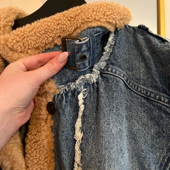 Free People Blue Jean Jacket with Tan Sherpa Lining - Picture 3 of 5